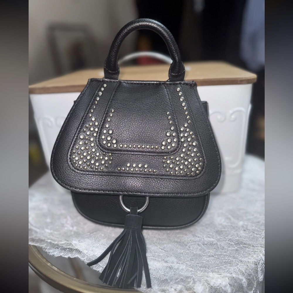 American Eagle black leather Silver Studs/Tassel top handle mini satchel - Picture 6 of 10